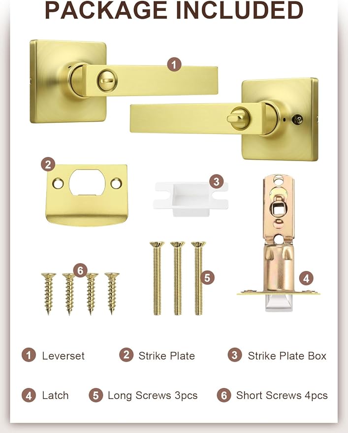Mengico 1 Pack Gold Privacy Lever Door Handle Interior with Lock, Heavy Duty Square Door Lock for Bed/Bath, Keyless Door Locksets, Reversible for Left Right Handed Doors