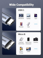 UGREEN 10 Gbps Micro B to USB C Hard Drive Cables, 3.3FT USB C to Micro B, External Hard Drive Cable Compatible with MacBook Pro/Air, iPad/Tablet, iPhone, Samsung Galaxy S24, WD Seagate etc