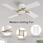 WINGBO 48 Inch Flush Mount Ceiling Fan without Light - 4 Plywood Blades, 6-Speed Reversible DC Motor, Noiseless Low Profile Ceiling Fan No Light for Bedroom Living Room, Gold and White