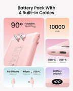 Coowisty Portable Charger Built-in Cables and Wall Plug, 10000mAh Slim USB C Power Bank, LED Display External Battery Pack Compatible with iPhone/Android & More (Pink)