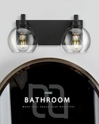 METWET Bathroom Light Fixtures, 2 Light Matte Black Vanity Light, Modern Wall Sconces with Clear Glass Globe Shade, Bathroom Wall Lights Over Mirror Kitchen Bedroom Hallway, VL195-MB-2