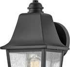 Hinkley Kingston Single Light Wall Mount Outdoor Lantern - Oversized Sweeping Roof & Bottom Arm, Aluminum, Clear Seedy Glass - Black Finish