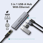 DIKEQINN USB 3.0 Hub with Gigabit Ethernet, 3-Port USB-A 5Gbps + USB-C Power Port for MacBook, Dell, HP, Surface (Plug and Play) (USB-C)