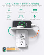 Wall Outlet Extender with Shelf and Night Light, Surge Protector, USB Wall Charger with 5 AC Outlets and 2 USB A Ports 2 USB C Ports Wide Space 3-Sided Power Strip Multi Plug Outlets