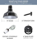Steel Lighting Co. Hawthorne Barn Light | Outdoor Wall Mounted | 8 inch Dome | 6 inch Straight Arm| Small Farmhouse Light Made in America | Black Exterior/White Interior