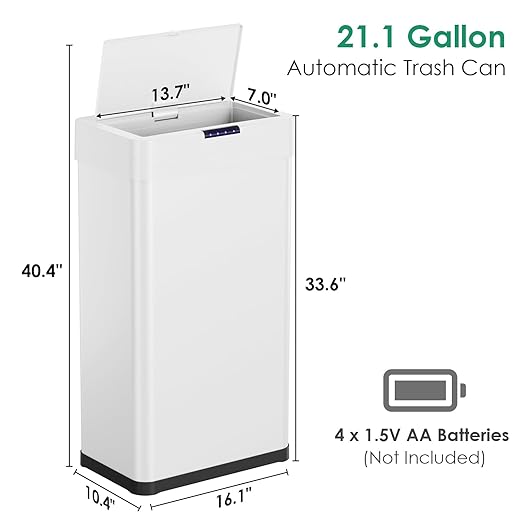 Arlopu Automatic Trash Can,Sensor Motion Stainless Steel Garbage Bin, Touchless Smart Waste Bin, W/Stay-Open, Soft Close Lid, Display Light for Kithchen, Living Room, Office (White, 18.5gal)