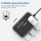 Flat Plug Extension Cord 10 Ft, NTONPOWER 6 Widely Spaced Outlet(2 Side) Power Strip with 4 USB Ports, Overload Protection, Wall Mount Charging Station for Home Office, Nightstand and dorm room, Black