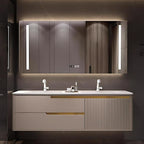 Bathroom Vanity with Double Sink - Smart Defogging Mirror & LED Lights on Both Sides, Floating Bath Sink Cabinet | 2 Drawers, Wave Shaped Panel (Khaki, 56IN)