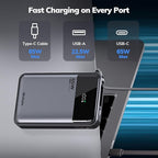 Hichain Laptop Power Bank 65W 20000mAh Portable Charger with Built-in USB-C Cable, 3-Port Fast Charging Battery Pack for MacBook iPhone 17 16/15 Series Android Switch Travel Essential Gray