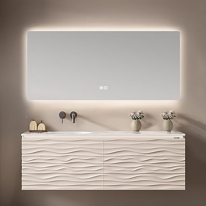 44IN Bathroom Vanity - Smart Defogging Mirror Cabinet | Waterproofing Technology & Wave Shaped Door Panel, Floating Bathroom Vanities with Large Storage Space (Mirror)