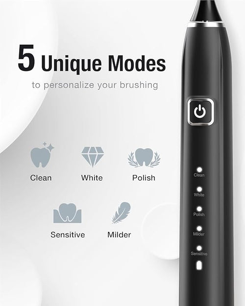 7AM2M Ultrasonic Electric Toothbrush with 6 Brush Heads for Adults&Kids, One Charge for 120 Days, USB-C Charge, 5 Modes, 40000VPM Powered Toothbrush, 2 Minutes Built in Smart Timer (Black)