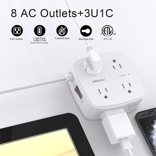 6 Ft Surge Protector Power Strip - YISHU 8 Widely Outlets with 4 USB Ports, 3 Side Outlet Extender with 6 Feet Flat Extension Cord, Ultra Flat Plug, Wall Mount, Desk USB Charging Station, ETL, White
