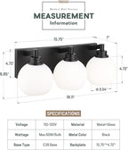 METWET Bathroom Light Fixtures, 3-Light Matte Black Vanity Light, Modern Wall Sconces with Milk White Globe Glass Shade, Vanity Lighting Fixtures Over Mirror, VL195-MB-ML-3