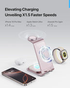 Intoval Aluminum 3 in 1 Wireless Charging Station for iPhone 17 16 15 14 13 12 11 Pro Max XR, Wireless Charger for Apple Watch 11 10 9 8 7 Ultra SE 3 2, Phone Charger for AirPods 4 Pro 2 3 (Pink)
