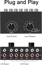6-Way Audio Switcher, Right and Left Channel Stereo Audio Switcher, Plug & Play Compatible with TV, Blu -Ray Player, DVD Player, CD, Amplifier, Speaker (6 in-1 Out)