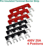 MILAPEAK Terminal Blocks - 12pcs (6 Sets) 4 Positions Dual Row 600V 25A Screw Terminal Strip Blocks with Cover, Pre-Insulated 400V 25A 4 Positions Barrier Strip Black & Red