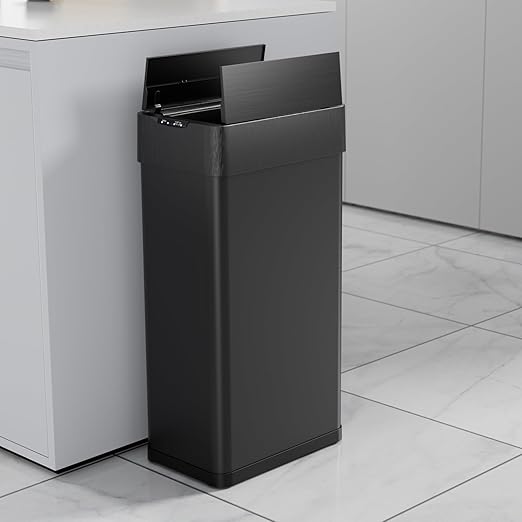 TLSUNNY 13.2 Gallon Automatic Trash Can, Stainless Steel Motion Sensor Garbage bin, Smart Trash Can W/Butterfly Lid, Bag Retainer Ring and Display Light for Living Room,Kitchen,Office (Black, 50L)