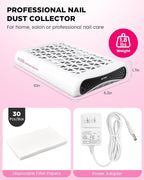 ECOSI Nail Dust Collector, Dual Turbo & 1600PA Professional Vacuum Fan Dust Extractor with 30 Pcs Filter Papers, 8000RPM Stepless Adjustable Suction for Manicure, Salon Nail Tech & Home (White)