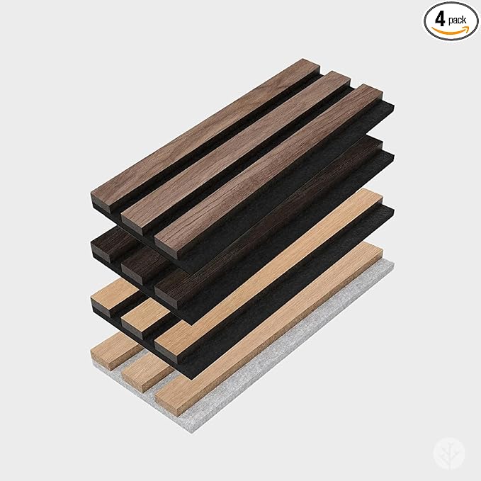ARMURO Wall Panels for Interior Wall Decor - Wood Slat Wall Panel Samples Pack (4PCS) - Wall Decor Natural Oak/Walnut/Oak (Grey)/Smoked Wood Wrapped Soundproof Wall Panels