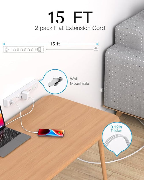 2 Pack Power Strip, 15FT Long Extension Cord, Surge Protector with 6 Outlets and 4 USB Charging Ports(2 USB C), Flat Plug Overload Protection, Wall Mount for Home Office Dorm College