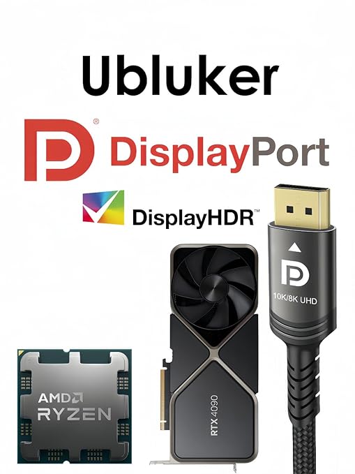 Ubluker 10K 8K DisplayPort 2.1 Cable 54Gbps 10 FT, Certified DP to DP Cord 4K 240Hz 165Hz 144Hz 120Hz 10K 8K 120Hz Nylon Braided UHBR HDCP2.3 FreeSync G-Sync RTX5090 Gaming Monitor PC Projector