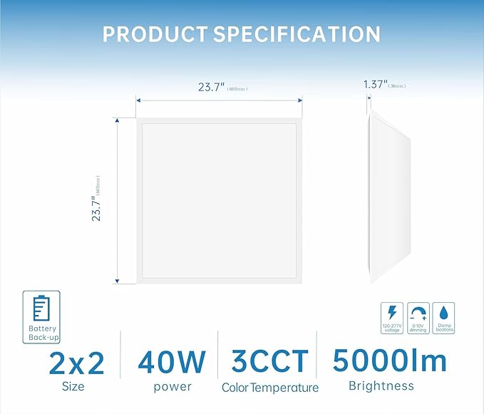 2X2 LED Flat Panel Light Emergency Battery Backup, 40W-3000K/4000K/5000K, 0-10V Dimmable, 4390 Lumens, LED Drop Ceiling Light, 100-277V, DLC and UL Listed, Ultra Thin Back-Lit (54 Pack)