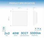 2X2 LED Flat Panel Light Emergency Battery Backup, 40W-3000K/4000K/5000K, 0-10V Dimmable, 4390 Lumens, LED Drop Ceiling Light, 100-277V, DLC and UL Listed, Ultra Thin Back-Lit (20 Pack)