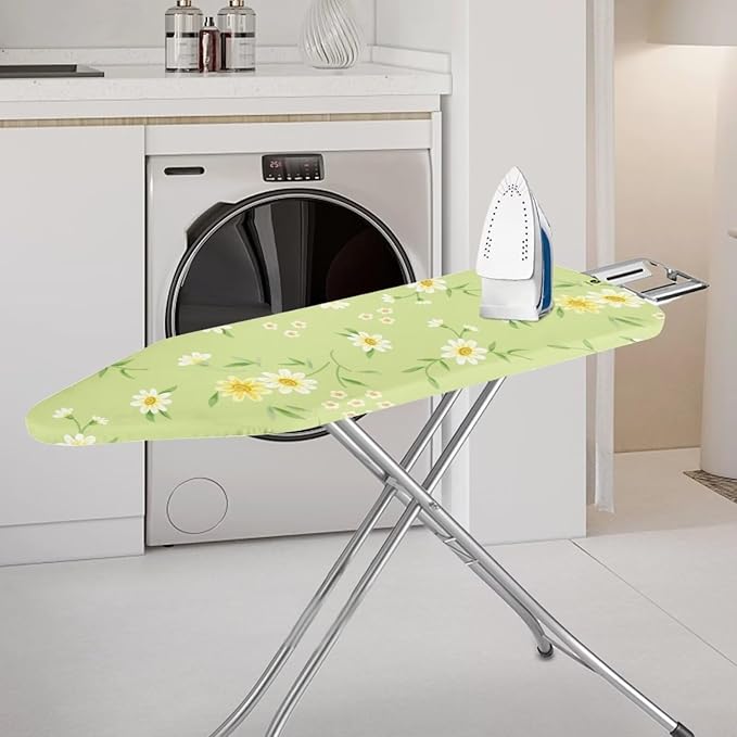 ZCFYGDX Fresh White Daisy Print Ironing Board Cover, Resist Scorching & Staining, Easy to Install Resistant Elastic Edges, 3 Nylon Buckle Straps Fasteners, Protective Scorch Cloth Covers Size-XL