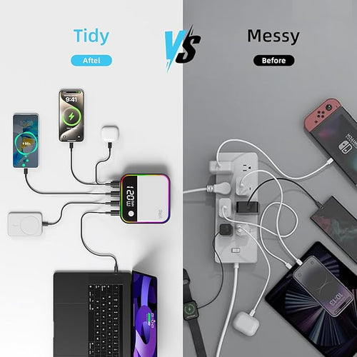 120W GaN USB C Charger Block Fast Charging, MultiPort USB Charging Station with Rainbow Gradient Light & LED Display for iPhone, Samsung Galaxy, iPad, Tablet, Laptop, Drones, Headphones