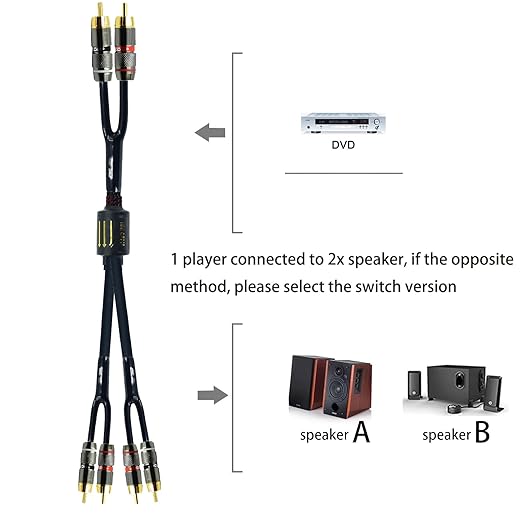Arklove 10ft Shielded RCA Plug Splitter Stereo Audio Video Cable 2 Male to 4 Male Dual Speaker Y Adapter Connector Extension Cord 24k Gold Plated 1 Input 2 Output