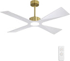 WINGBO 54" Wet Rated Outdoor Ceiling Fan with Lights, 4 ABS Plastic Blades, Reversible DC Motor, 6-Speed Remote Control, 3 CCT, Waterproof Ceiling Fan for Patio Porch Gazebo Garage, Brass and White