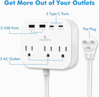 TRAVEL DEPOT Cruise Essentials Flat Plug Power Strip, Durable 5 ft Extension Cord w/ 3 Outlets Extender & Built-In Type C Cable, 2 USB & 2 USB-C Ports, No Surge Protector for Cruise Travel, Dorm, Home