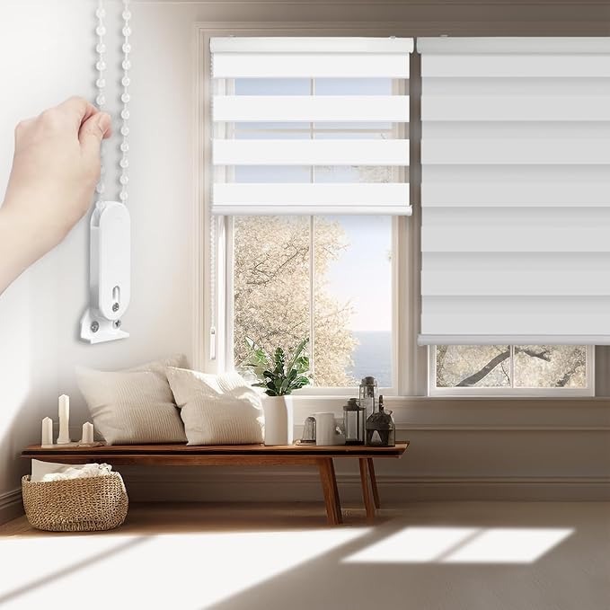 FOIRESOFT Standard Blackout Zebra Roller Blinds [Bonita, Pure White, W 39 x H 64inch] Dual Layer Privacy Shade, Room Darkening, Select 1x1 for Custom