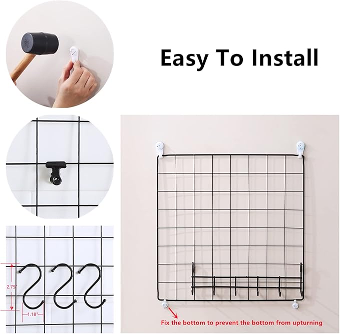 Feadily 4 Pack Metal Grid Wall Board Including 1 Hook Rack, Photos & Pictures Display Board,Photo Wall, Picture Board, DIY Home & Office Wall Decor 13.8 Inch × 13.8 Inch (Black)
