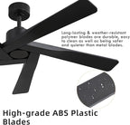 WINGBO 54" ABS DC Ceiling Fan No Light, 5 Blade ABS Plastic Ceiling Fan with Remote, 6-Speed Reversible DC Motor, Ceiling Fans without Light for Kitchen Bedroom Living Room, Matte Black
