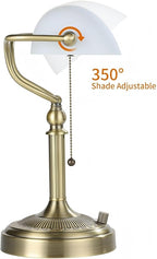 Newrays White Matted Glass Bankers Desk Lamp, Stepless Dimmable Table Lamp Plug in Fixture for Study, Home Office,Library, LED Bulb Included