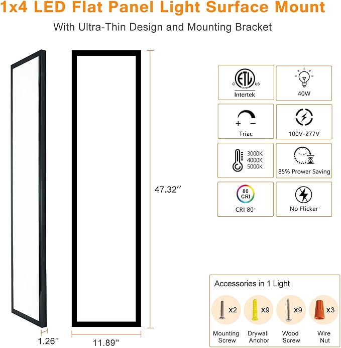 Mcacggo 12-Pack Black 1x4 LED Flat Panel Light Surface Mount, 5000K-4000K-3000K Selectable & Triac Dimmable, for Kitchen, Garage, 40W, 100-277V, ETL