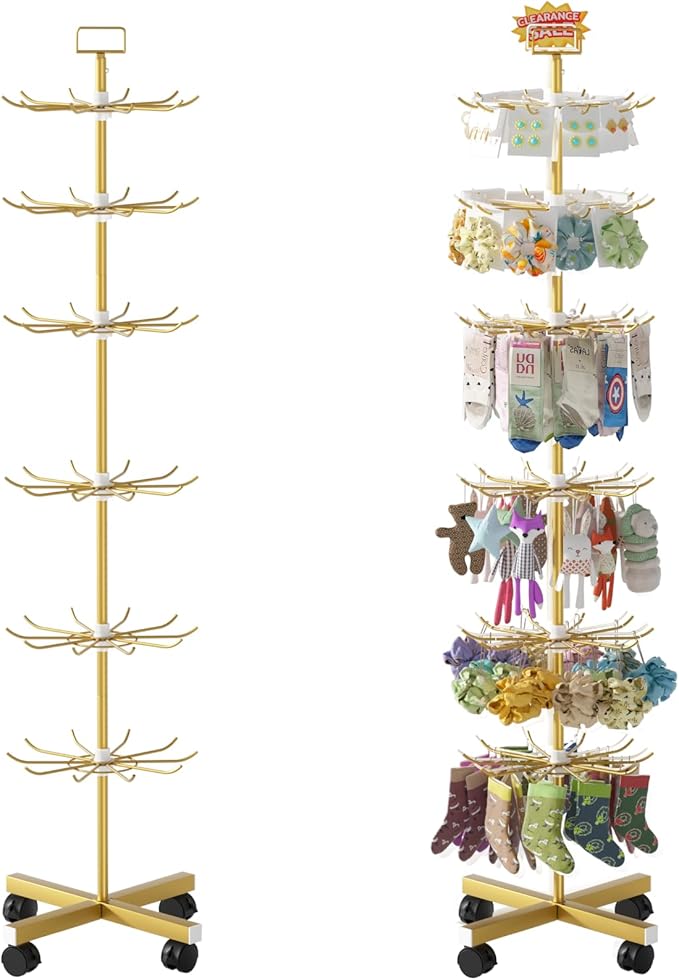 Exttlliy Retail Display Stand Store Display Rack 6 Tier Metal Spinning Display Stand Rack with Wheels Keychain Jewelry Stocking Hat Stand with Hooks for Malls, Showroom, Retail Store (6 Tier Gold)