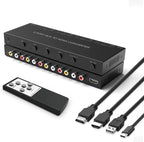 RuiPuo 4Port AV to HDMI Converter, 4Port AV to HDMI Switcher with IR Remote, Support 16:9/4:3 and Quick Switch Compatible with WII/N64/SNES/Xbox/PS1/PS2/PS3/VHS/VCR/DVD Players etc.(4AV In-1HDMI Out)