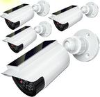 WALI Fake Dummy Camera, Solar Powered Fake Security Camera with LED Light, for Inside Outside Decoy Simulated Surveillance Security CCTV Dome Cameras with Warning Sticker (SOLTC-W4), 4 Packs, White