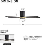 WINGBO 48" DC Flush Mount Ceiling Fan with Lights, 5 Plywood Blades, 6-Speed Reversible DC Motor, 3CCT, Low Profile Hugger Ceiling Fan for Living Room Bedroom Kitchen, Black and Brass