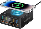 ASOMETECH Charging Station, 160W 5-Port USB C with 65W PD, QC3.0, Wireless Charger, LCD Display for MacBook, Laptop, iPad, iPhone, Samsung