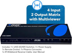OREI 4K Multi HDMI Viewer Quad 4 in 2 Out, Matrix Switcher 4 Ports Seamless IR Remote Support 4K @ 60Hz 1080P for PS4/PC/DVD/Security Camera, HDMI Switch Optical Audio L/R Output - UHD-402MV