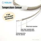 TCELEC TCE-K01HT-2000 K Type Metal Wrapped Durable and High Temperature Resistant Thermocouple Sensor Probe for Oven and Furnace with Temperature Range from 77℉ to 932℉