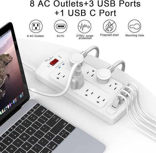 6FT Surge Protector Power Strip, Nuetsa Extension Cord with 8 Outlets and 4 USB Ports, 6 Feet Power Cord (1625W/13A), 2700 Joules, ETL Listed, White