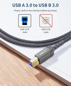 JSAUX USB 3.0 Printer Cable, Type A Male to B 3.0 Male (6.6ft/2M) USB 3.0 Type B Upstream Cord Nylon Braided Compatible with Docking Station, External Hard Drivers, Scanner, Printer and More(Grey)