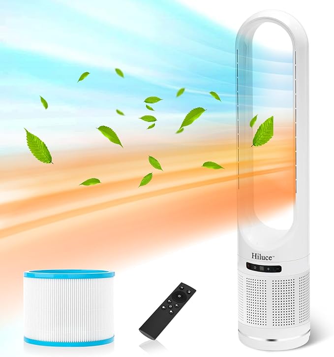 Hiluce 3-in-1 Bladeless Fan with Air Purifier,Indoor Heater,Fan and Heater Combo HEPA Filter,Tip-Over Switch,26ft/s Quiet Tower Fans,80°Oscillating, 8 Speeds, 9H Timer, 32 inch Large
