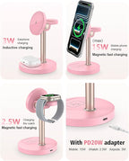 3 in 1 Wireless Charging Station for Apple, 15W Fast Magnetic Charger Stand Wireless Nightstand for Bedrooms, iPhone 17 16 15 14 13 12 Series, Apple Watch, Airpods, Women Gifts (No AC Adapter) Pink