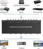 Azduou 4 AV to HDMI, 1080P/720P 4 Way RCA Composite CVBS AV Switch to HDMI Converter Adapter Support 4:3/16:9 Switching, for Sega Xbox PS1 PS2 PS3 N64 NGC SNES WII VHS VCR Camera DVD （with Remote）