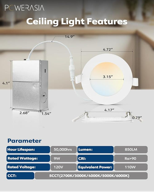 12 Pack 4 Inch Ultra-Thin LED Recessed Ceiling Light with Junction Box, Recessed Lighting 4 Inch 6000K Dimmable Clear White, 9W 110W Eqv, 850LM High Brightness - ETL and Energy Star Certified